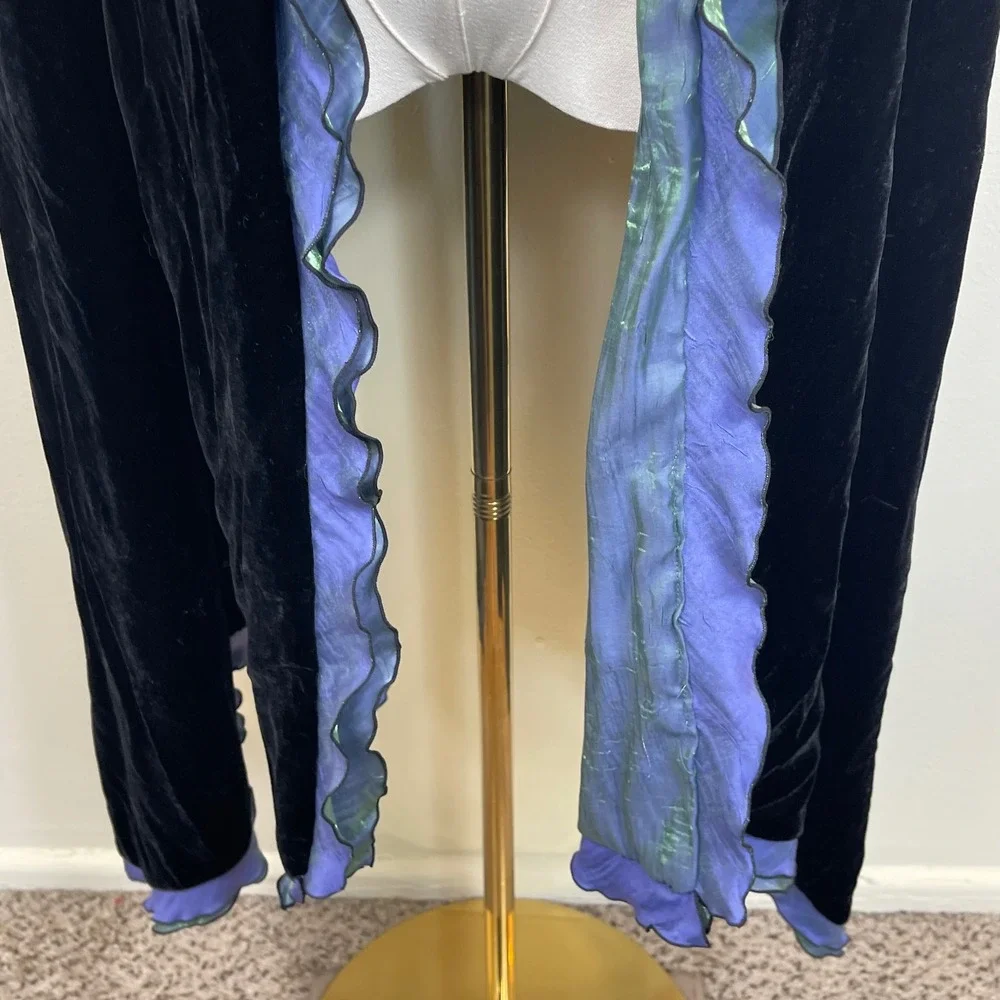 Vintage Velvet Iridescent Ruffle Wrap Shawl Women Black Blue Green Metallic Trim